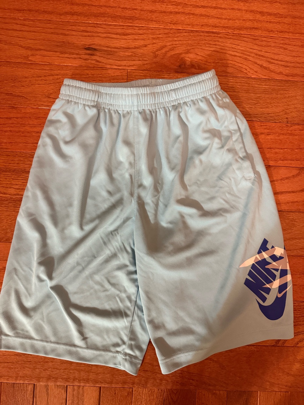 Nike Boys Baseball Pale Blue Athletic Shorts with Navy Logo